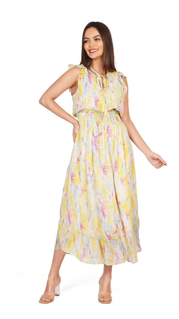 Abstract Printed Summer Slim Fit Yellow Maxi Dress for Women | Luxeliv