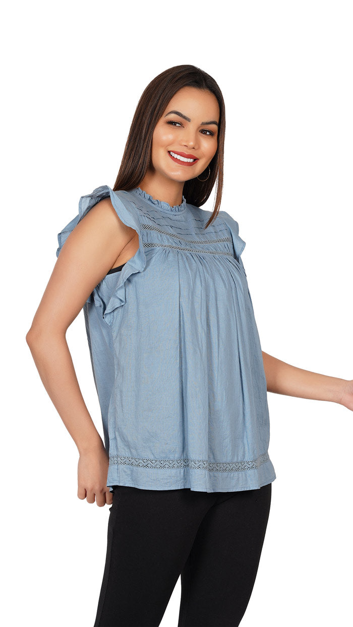Blue-Ruffles-Sleeve-Top-_-Round-collar-with-lace-_-embroidery-_-women_s-summer-collection--cotton