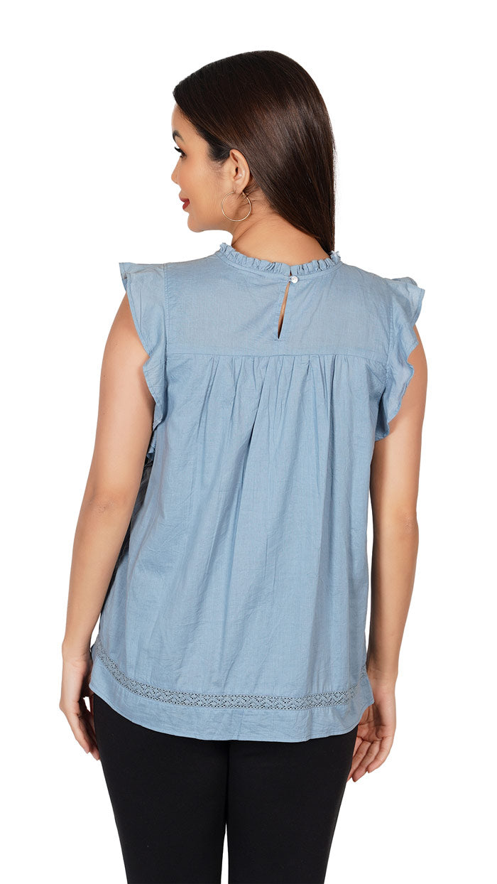 Blue-Ruffles-Sleeve-Top-_-Round-collar-with-lace-_-embroidery-_-women_s-summer-collection--cotton