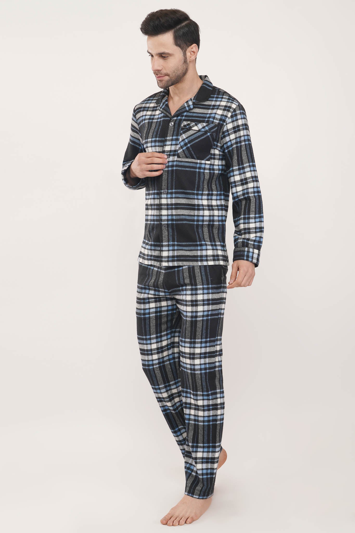 Regal Renaissance | Black & Blue Oxford Checks Loungewear Set-Luxeliv Men