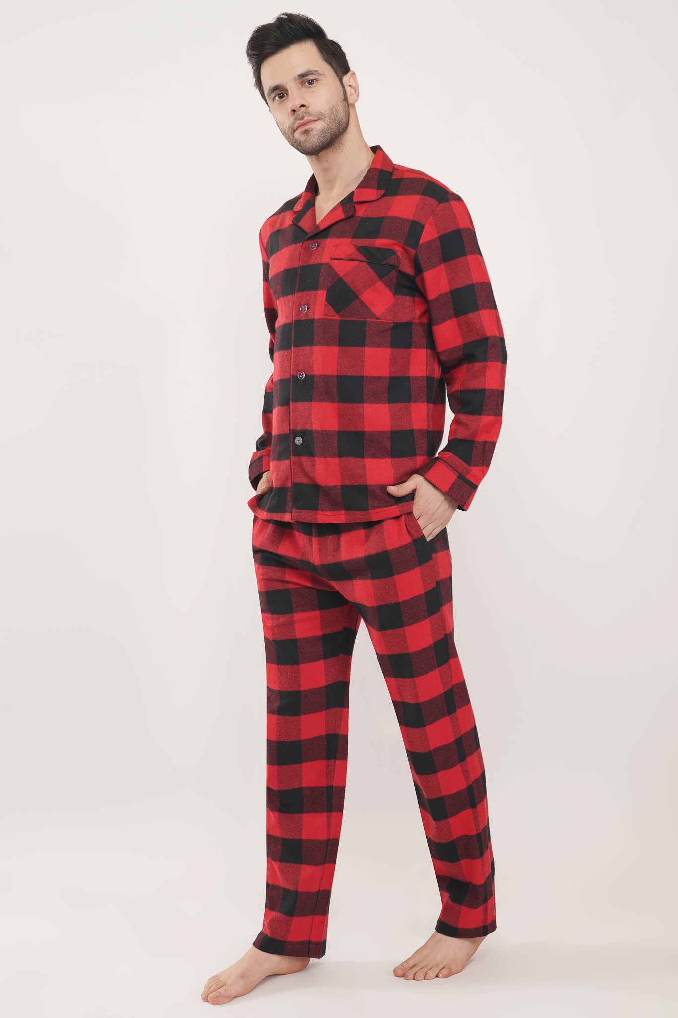 Prestige Red | Red & Black Oxford Checks Loungewear Set-LUXELIV MEN