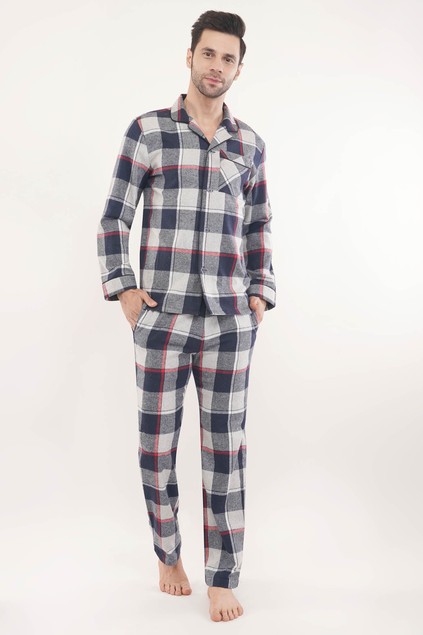 Prestige Blue Oxford Checks with Red Stripes Loungewear Set for Men | Luxeliv