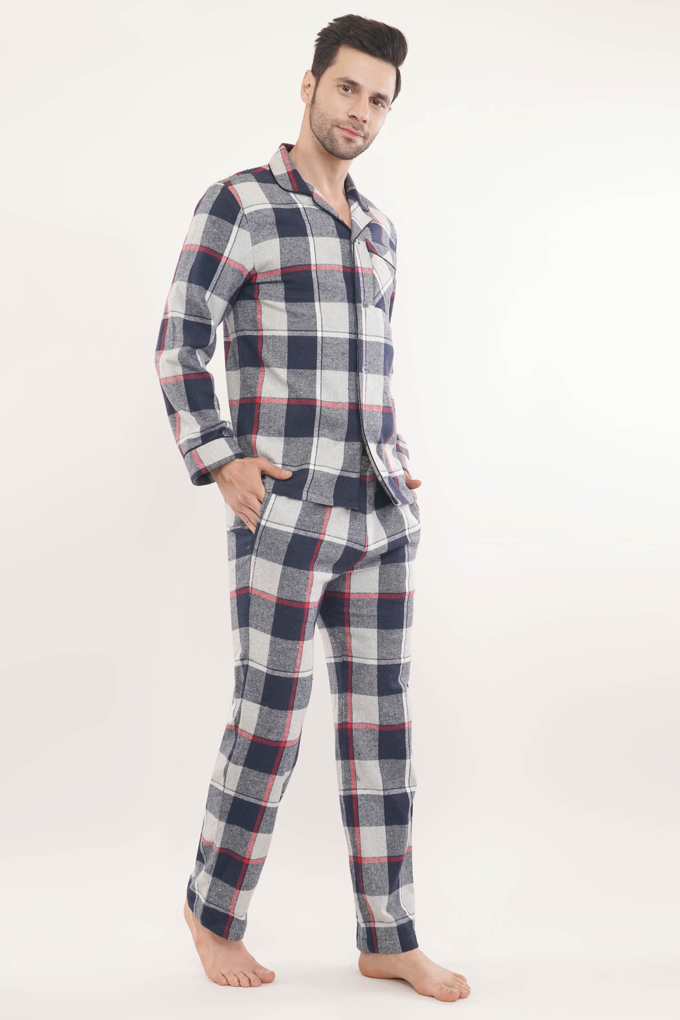 Prestige Blue | Blue Oxford Checks with Red Stripes Loungewear Set