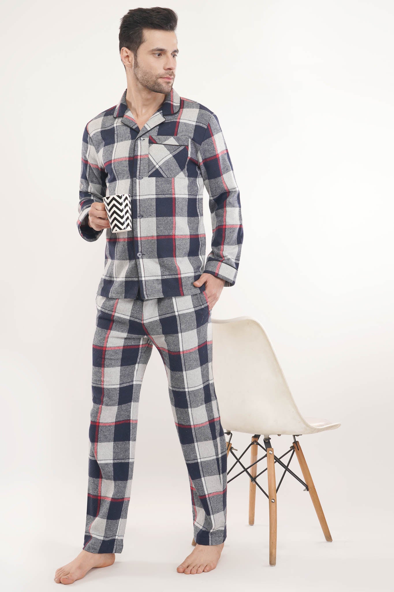 Prestige Blue | Blue Oxford Checks with Red Stripes Loungewear Set