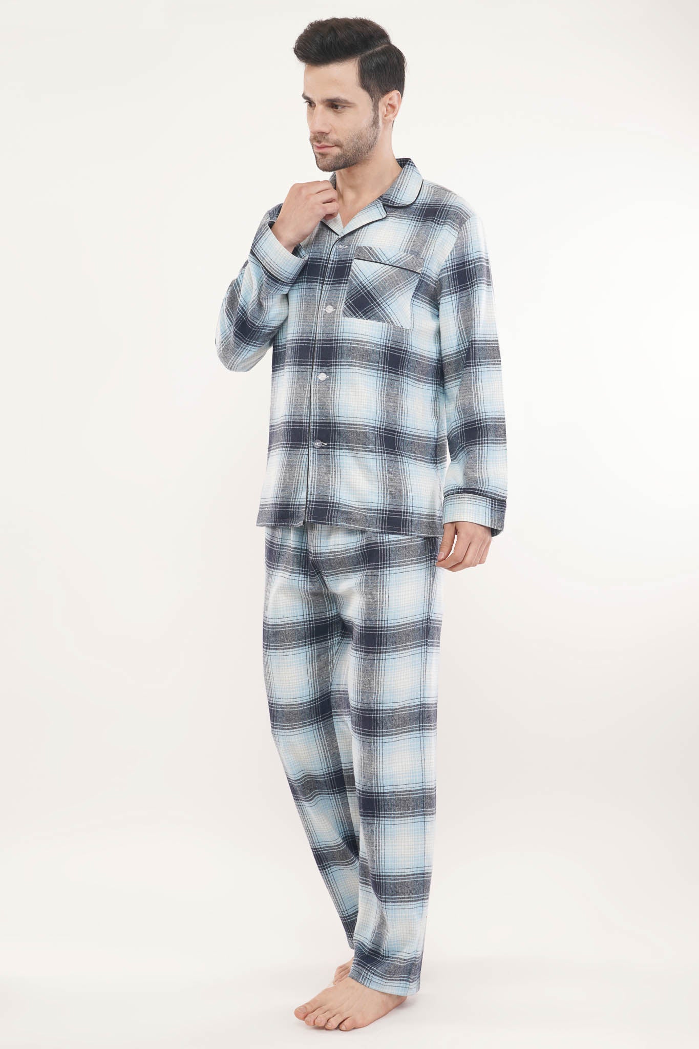 Blue Crest | Light Blue & White Oxford Checks Loungewear Set-Luxeliv men