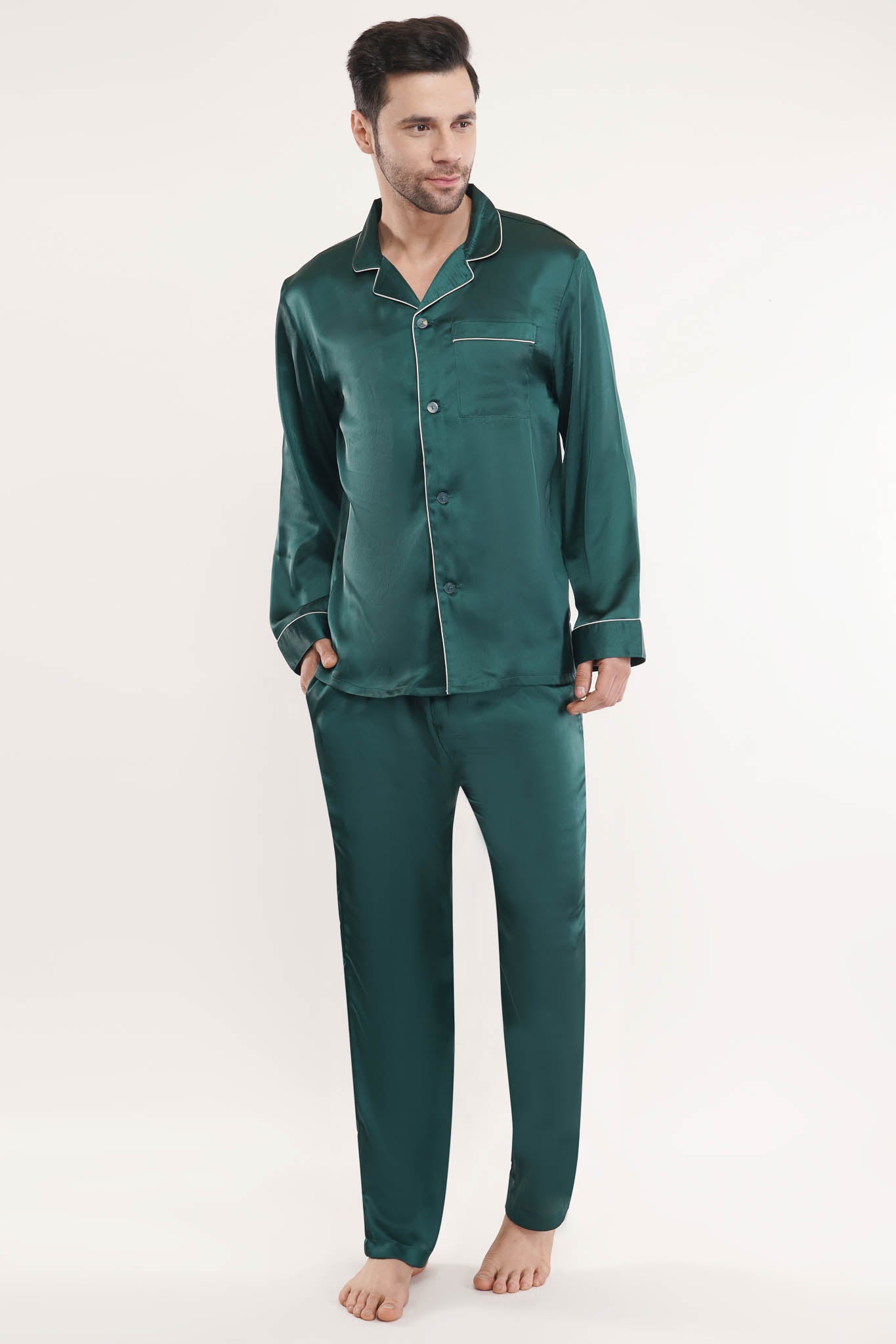 Lush Green Satin Loungewear Set for Men | Luxeliv
