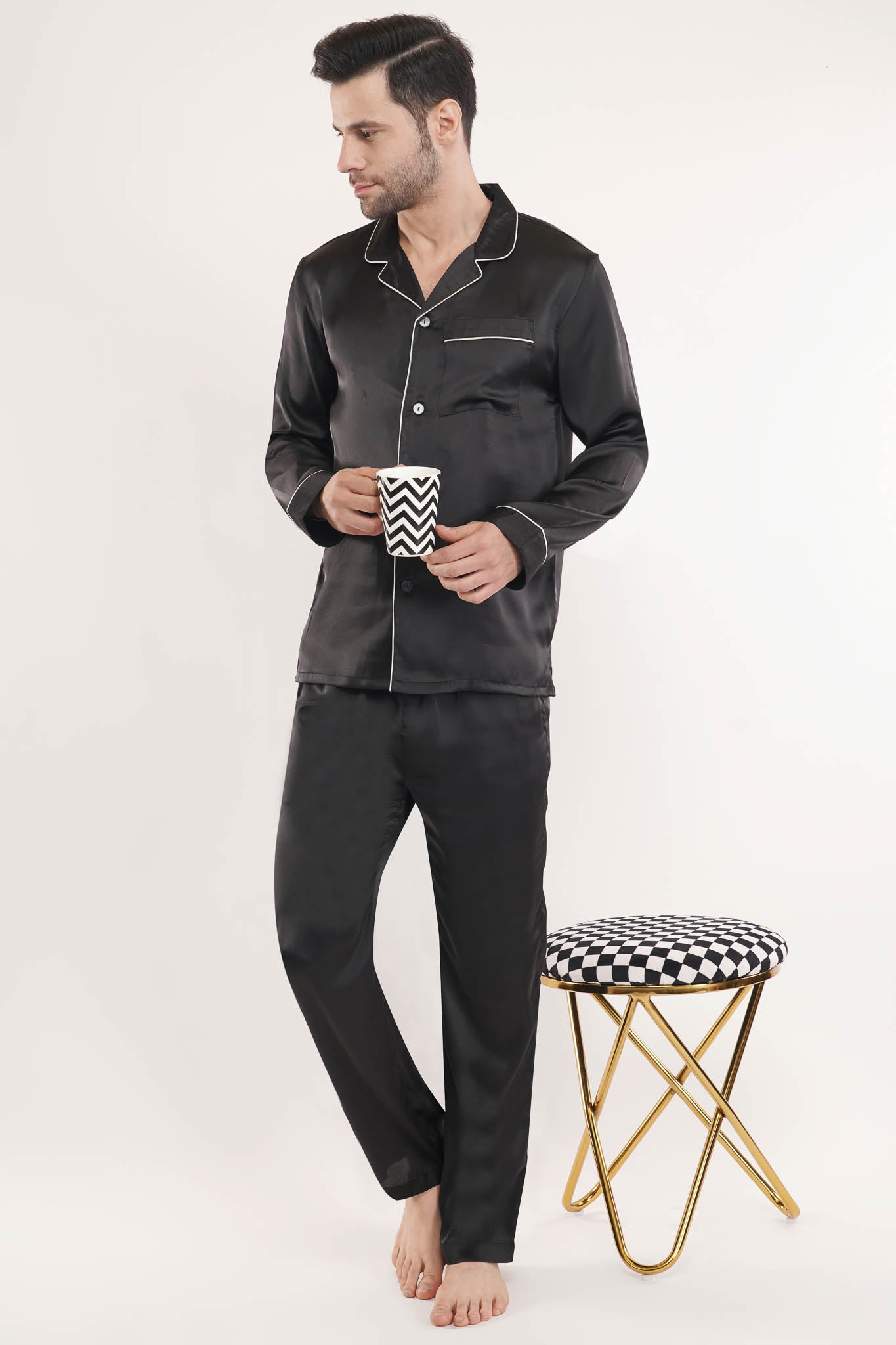 Onyx Black Black Satin Loungewear Set for Men | Luxeliv