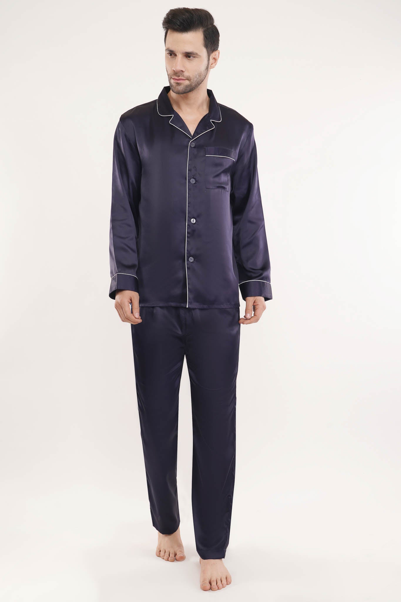 Navy Night | Navy Blue Satin Loungewear Set - Luxeliv Men