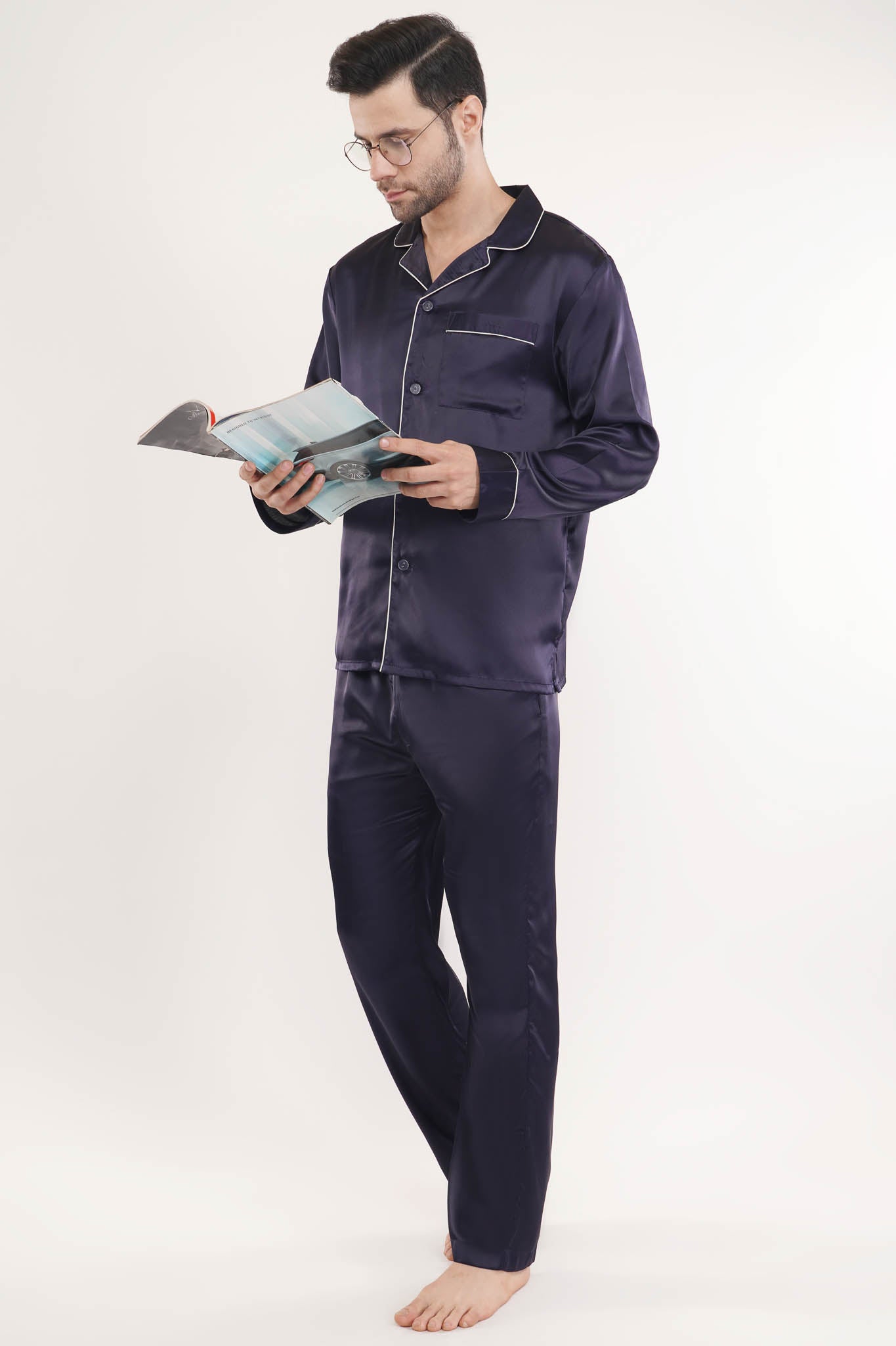 Navy Night Navy Blue Satin Loungewear Set for Men | Luxeliv
