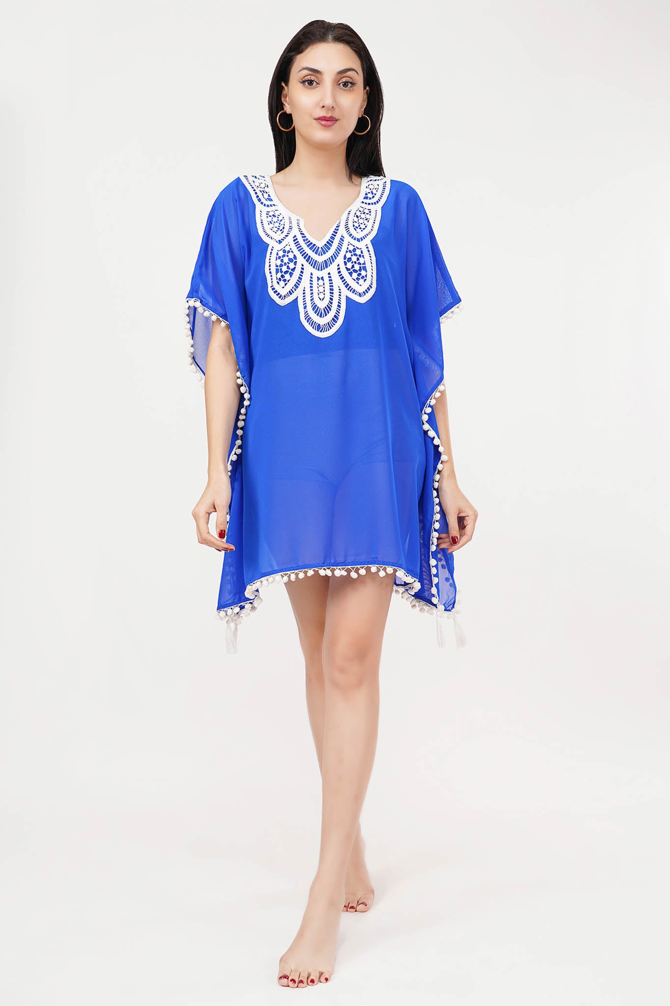 Blue Kaftan White Lace Swim Cover-Up Beach Dress