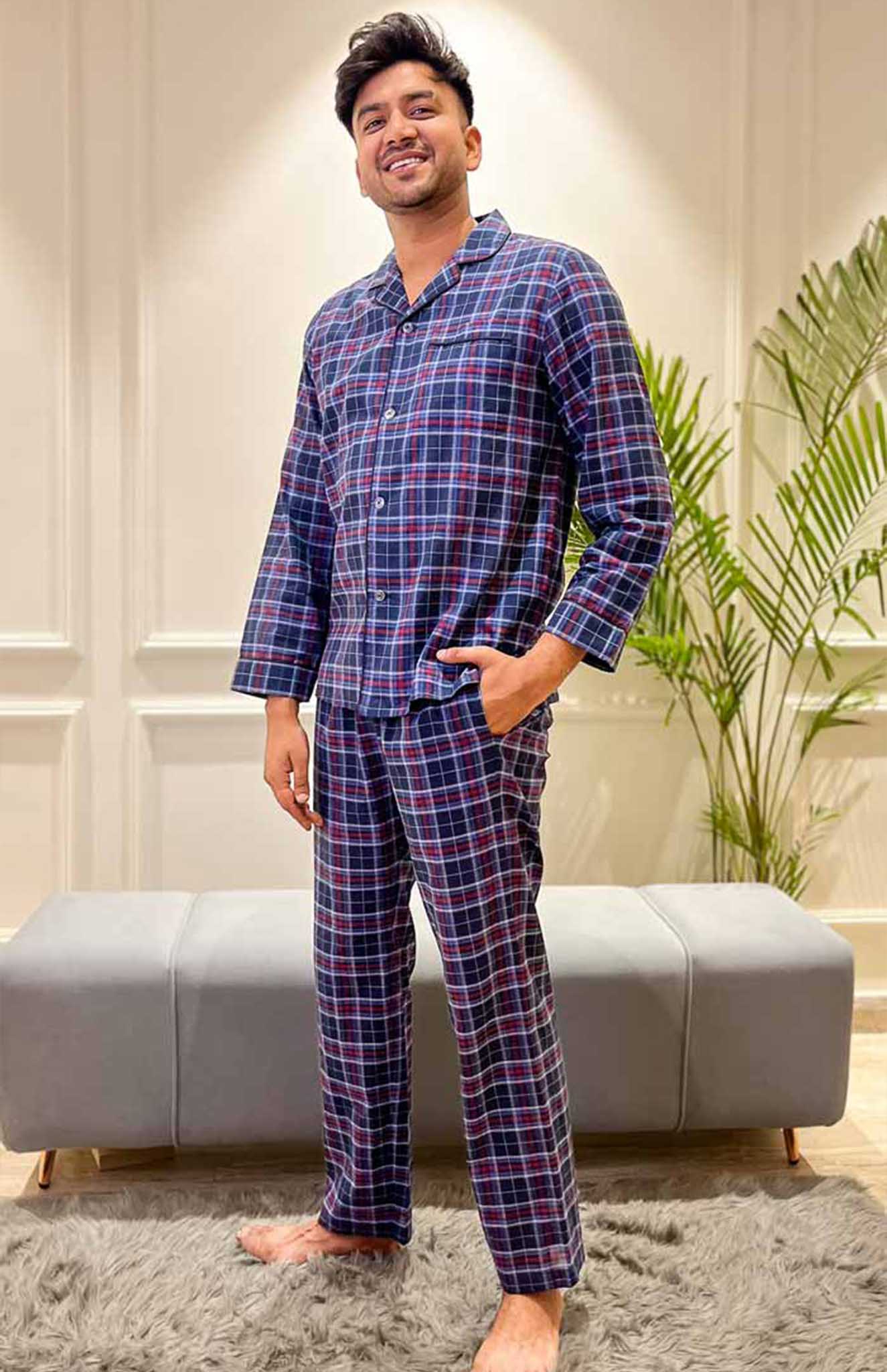 Check-IT! Blue Checkered Cotton Lounge Wear Set for Men | Luxeliv