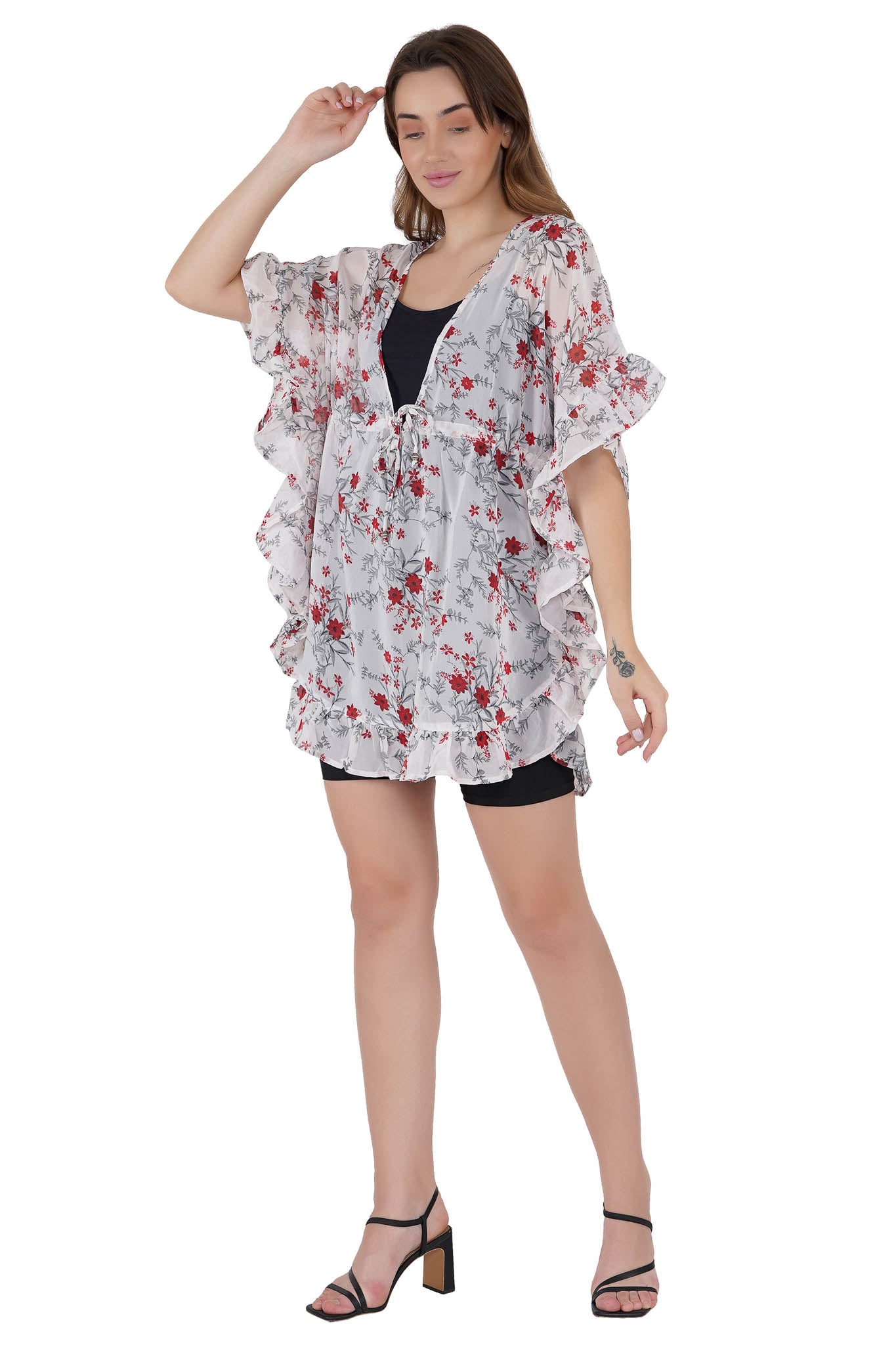 Red & White Floral Print Kaftan Swim Cover-Up Beach Dress