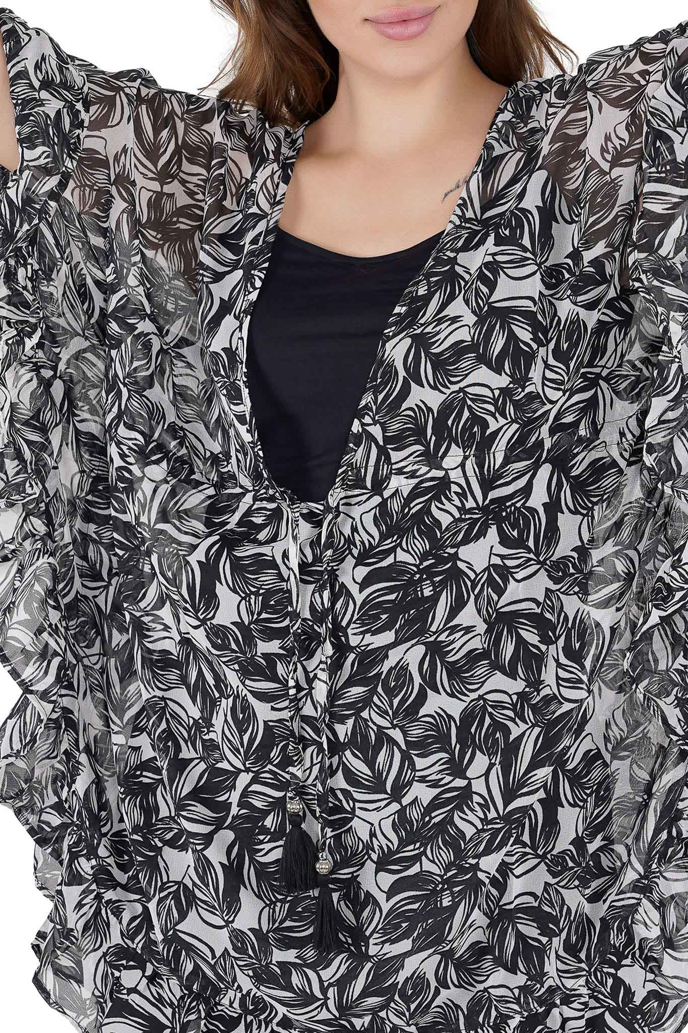 Black & White Floral Print Kaftan Swim Cover-Up Beach Dress