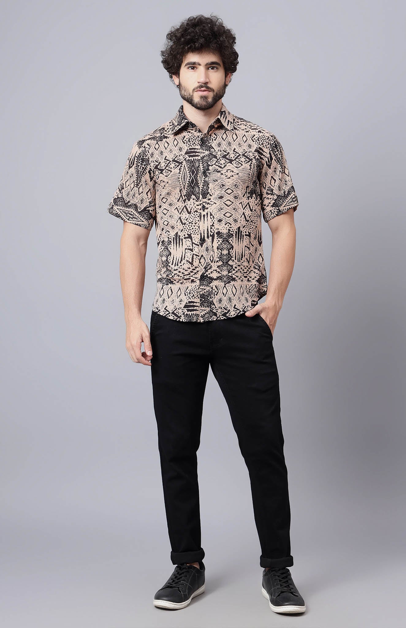 Dune Drift | Black & Beige Abstract Summer Shirt