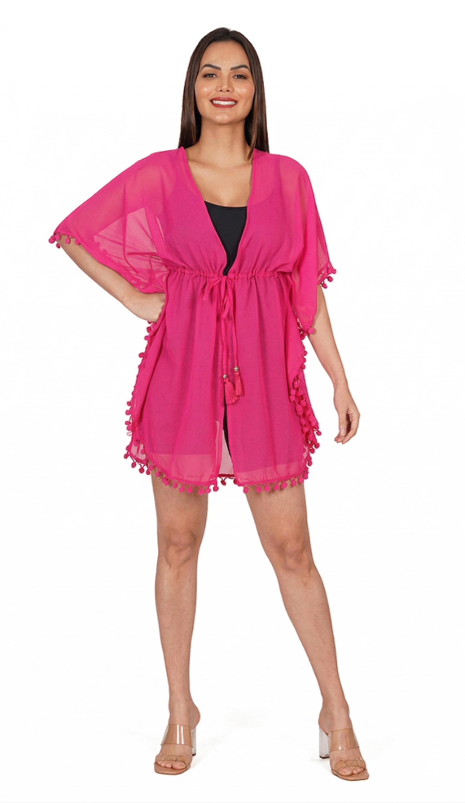 Pink Pom Pom Kaftan | Swimsuit Cover Up Beach Dress