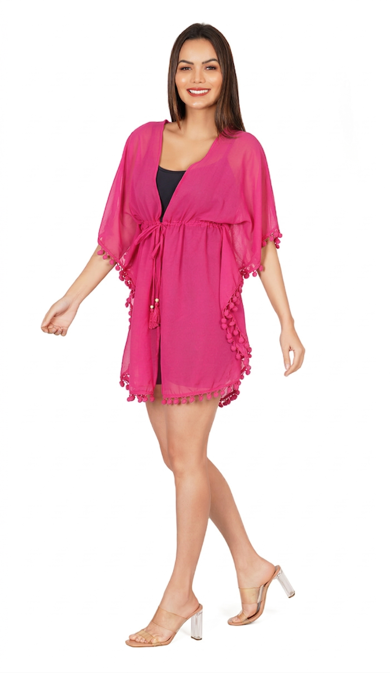 Pink Pom Pom Kaftan | Swimsuit Cover Up Beach Dress