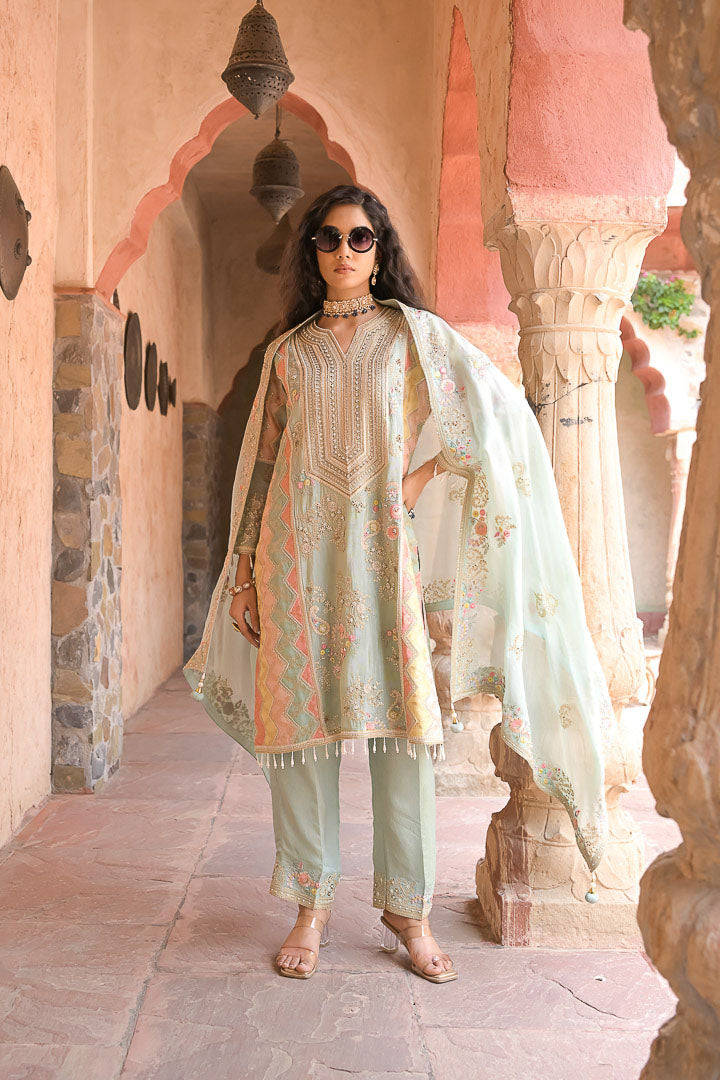 Mint Mehfil | Pastel Embroidered Suit Set By Ankhira