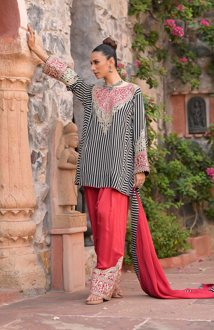 Laal Gulaboo | Striped Embroidered Suit Set By Ankhira