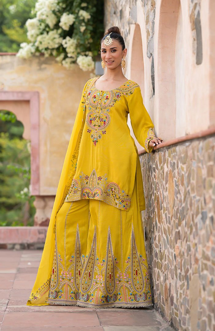 Haldi Begum | Yellow Embroidered Suit Set By Ankhira