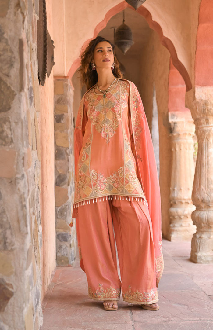 Peach Mehfil | Embroidered Suit Set By Ankhira