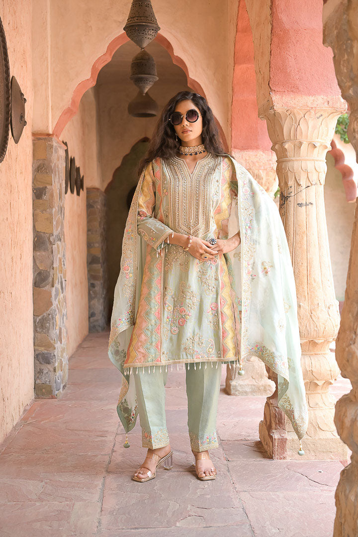 Mint Mehfil | Pastel Embroidered Suit Set By Ankhira