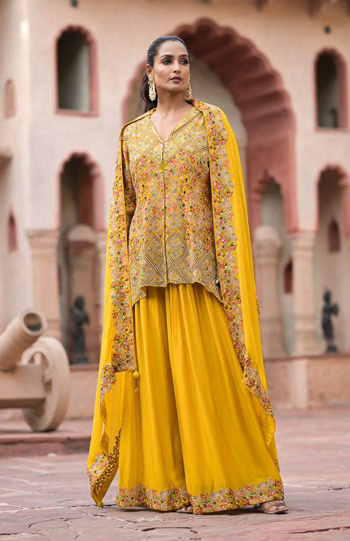 Kesari Queen | Yellow Embroidered Suit Set By Ankhira