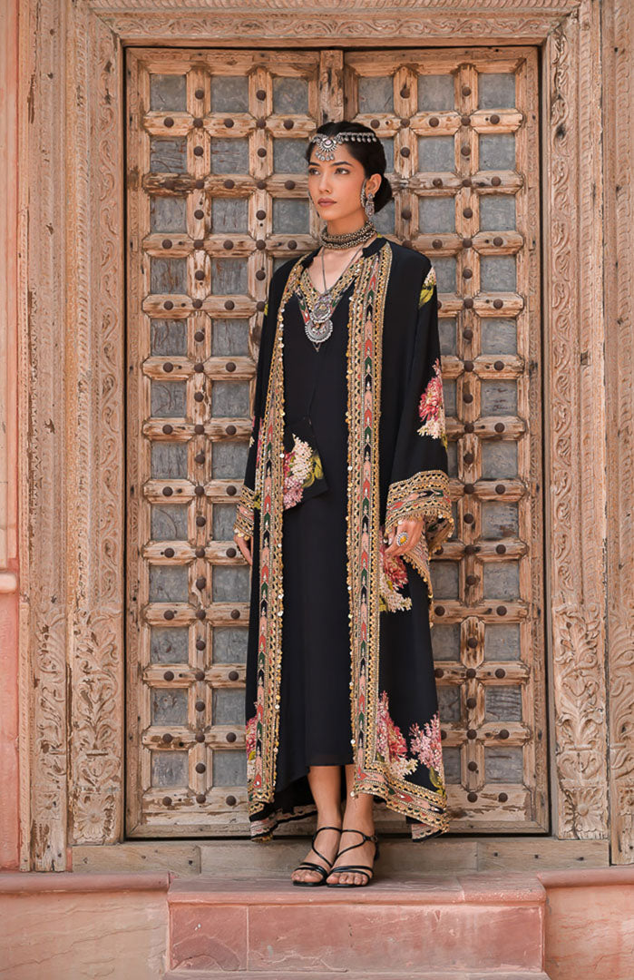 Black Gulaboo | Black Floral Embroidered Long Cape Jacket Set Suit By Ankhira