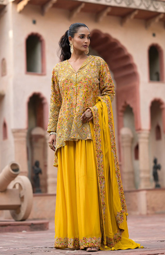 Kesari Queen | Yellow Embroidered Suit Set By Ankhira