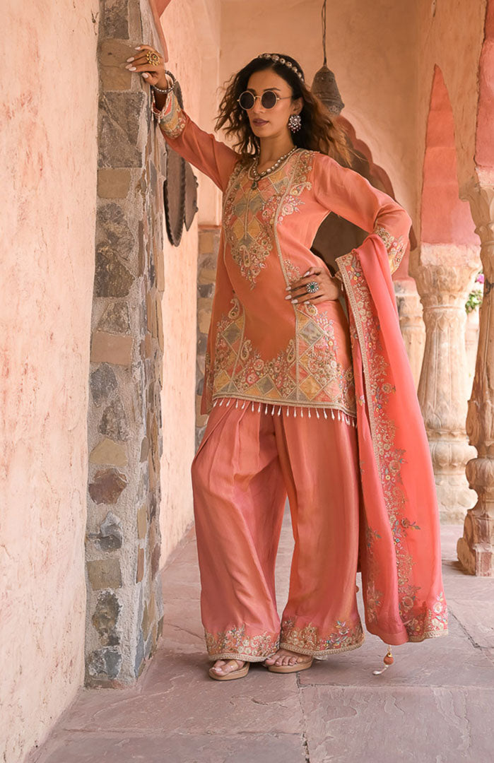 Peach Mehfil | Embroidered Suit Set By Ankhira