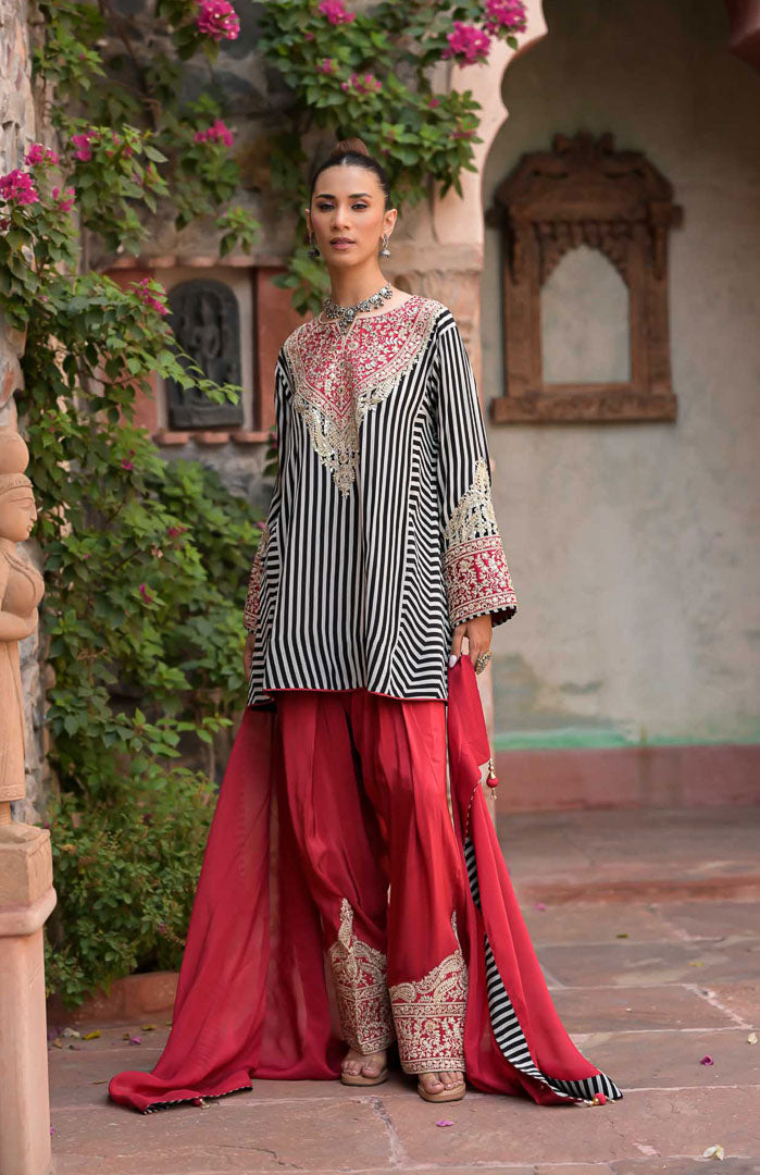 Laal Gulaboo | Striped Embroidered Suit Set By Ankhira