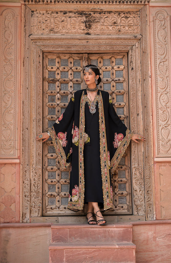 Black Gulaboo | Black Floral Embroidered Long Cape Jacket Set Suit By Ankhira