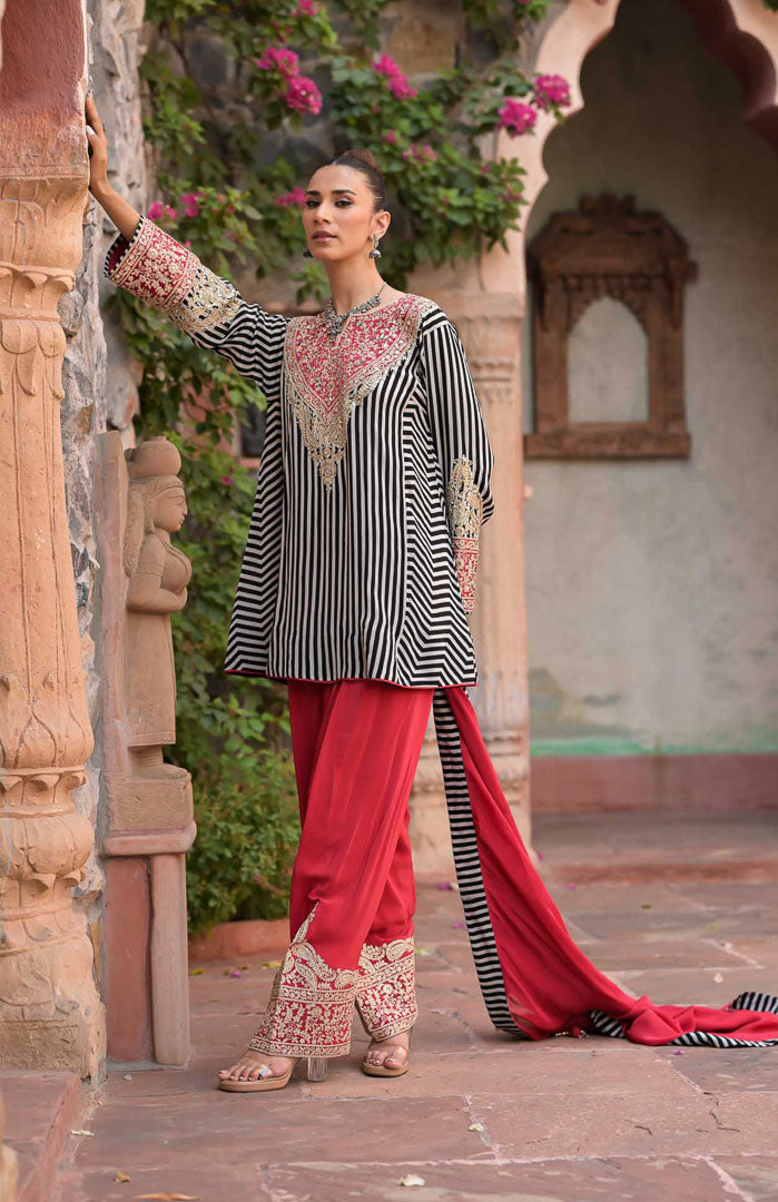 Laal Gulaboo | Striped Embroidered Suit Set By Ankhira