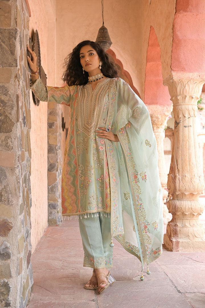 Mint Mehfil | Pastel Embroidered Suit Set By Ankhira