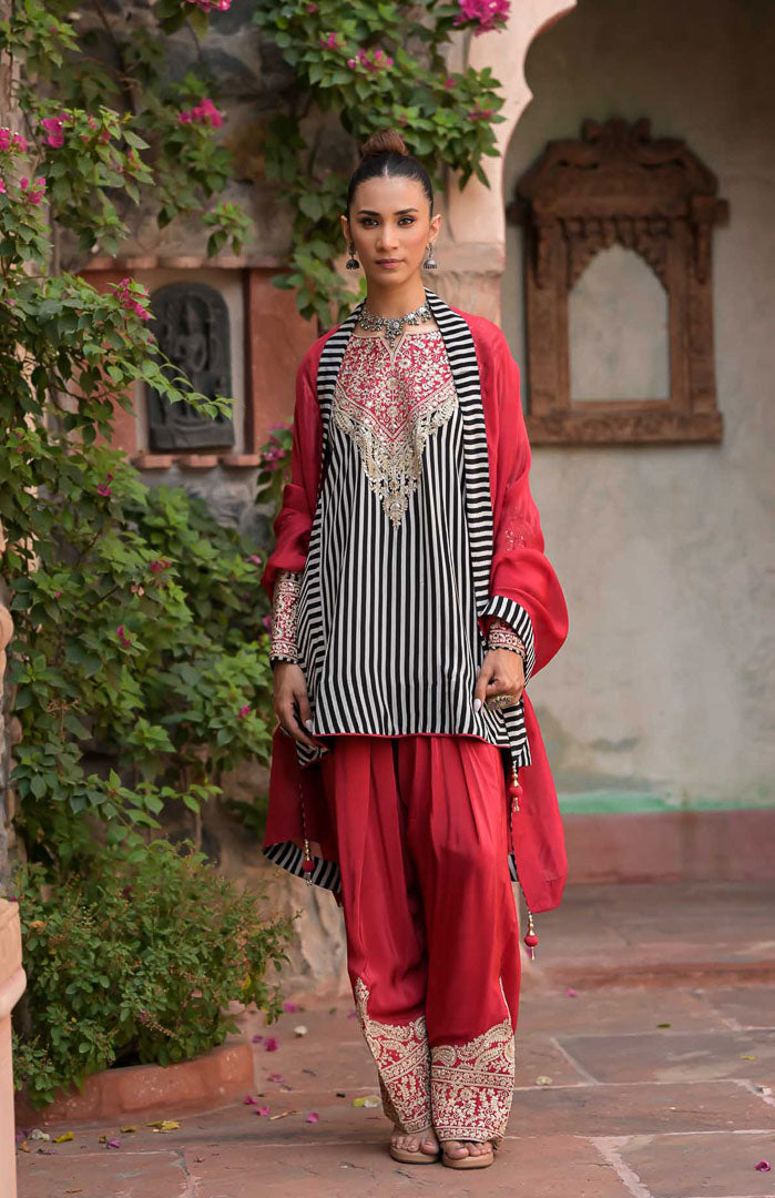Laal Gulaboo | Striped Embroidered Suit Set By Ankhira