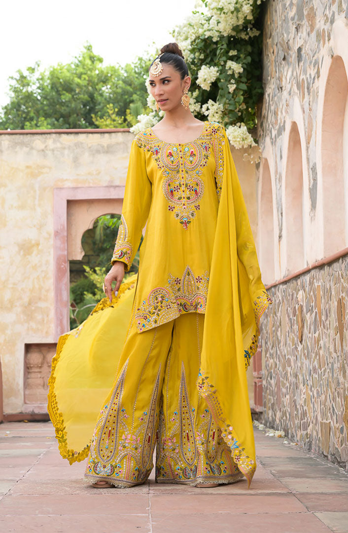 Haldi Begum | Yellow Embroidered Suit Set By Ankhira