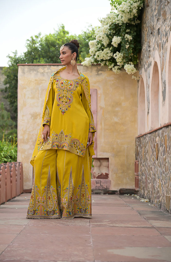 Haldi Begum | Yellow Embroidered Suit Set By Ankhira