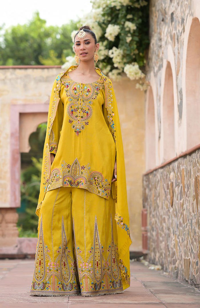 Haldi Begum | Yellow Embroidered Suit Set By Ankhira