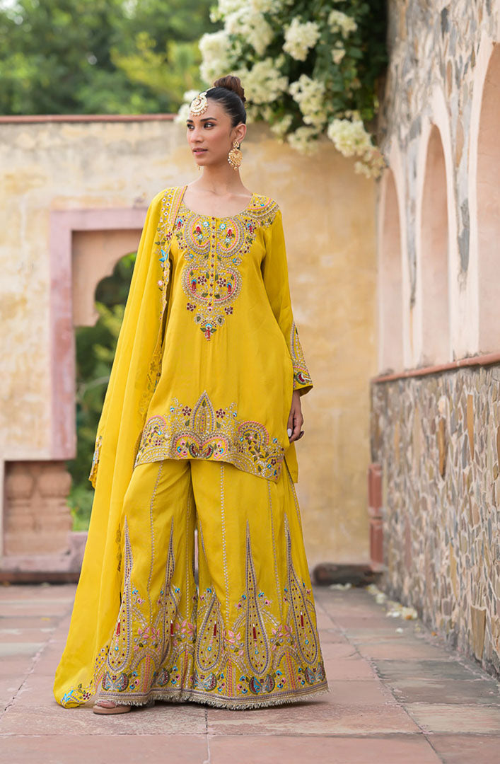 Haldi Begum | Yellow Embroidered Suit Set By Ankhira