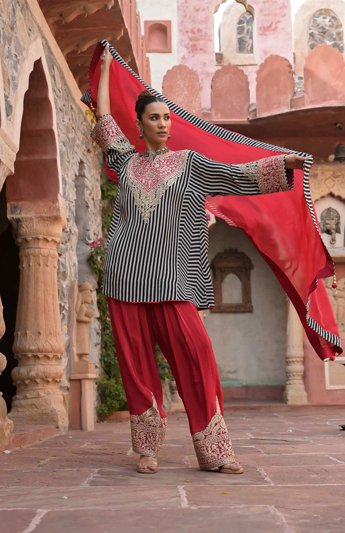 Laal Gulaboo | Striped Embroidered Suit Set By Ankhira