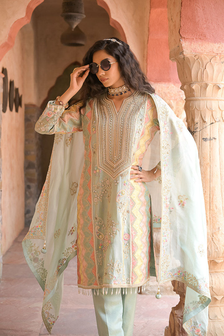 Mint Mehfil | Pastel Embroidered Suit Set By Ankhira