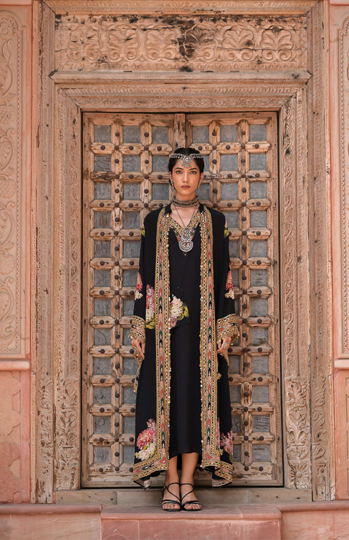 Black Gulaboo | Black Floral Embroidered Long Cape Jacket Set Suit By Ankhira