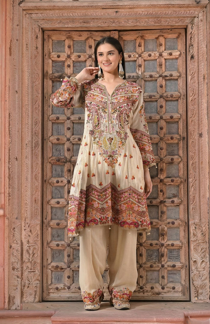Noor & Nakhra | Ivory Embroidered Suit Set By Ankhira