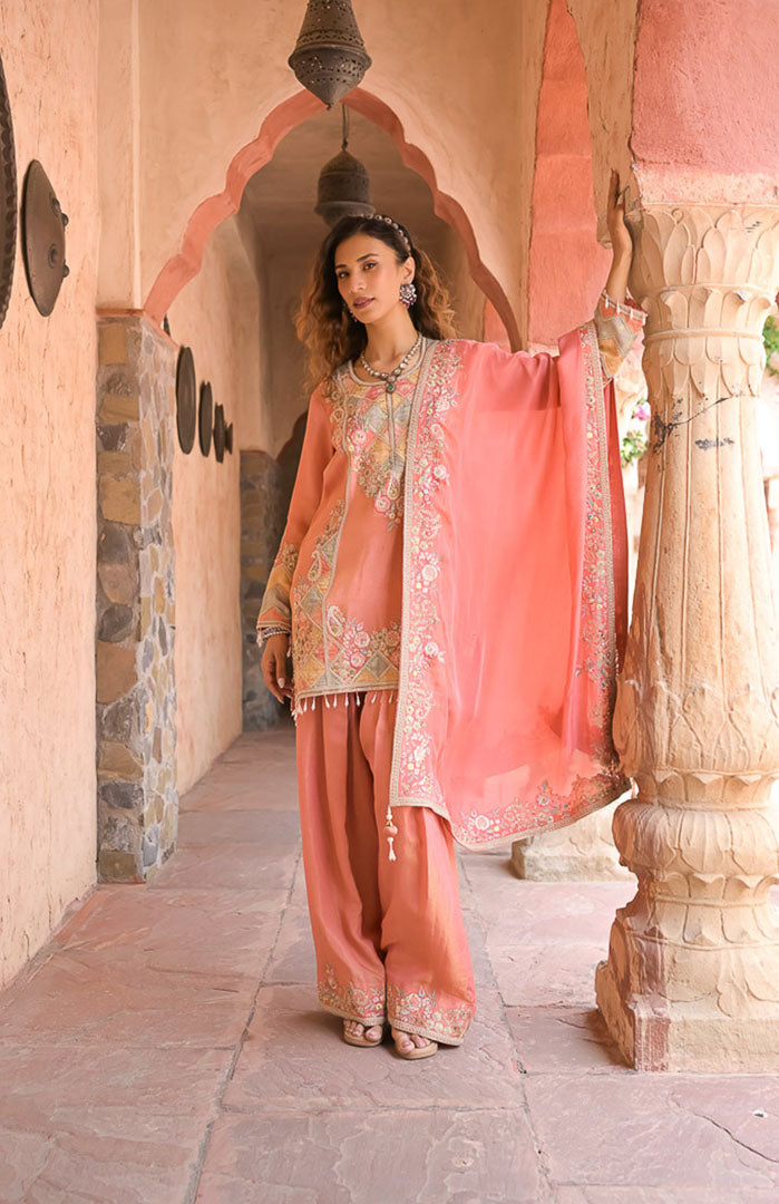 Peach Mehfil | Embroidered Suit Set By Ankhira