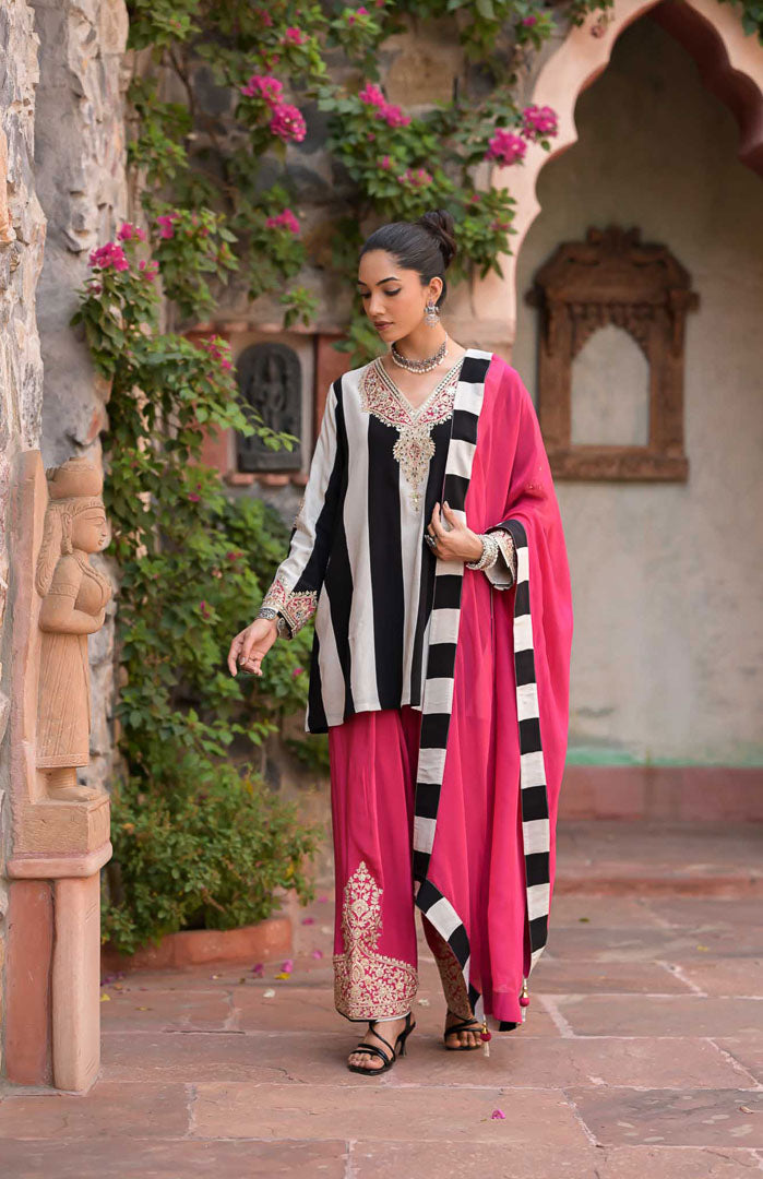 Gulabooo | Striped Embroidered Suit Set with Pink Dupatta By Ankhira