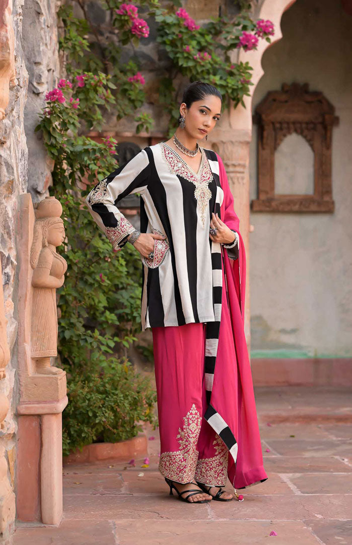 Gulabooo | Striped Embroidered Suit Set with Pink Dupatta By Ankhira