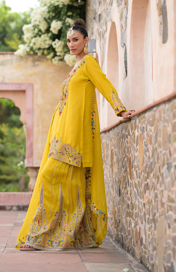 Haldi Begum | Yellow Embroidered Suit Set By Ankhira
