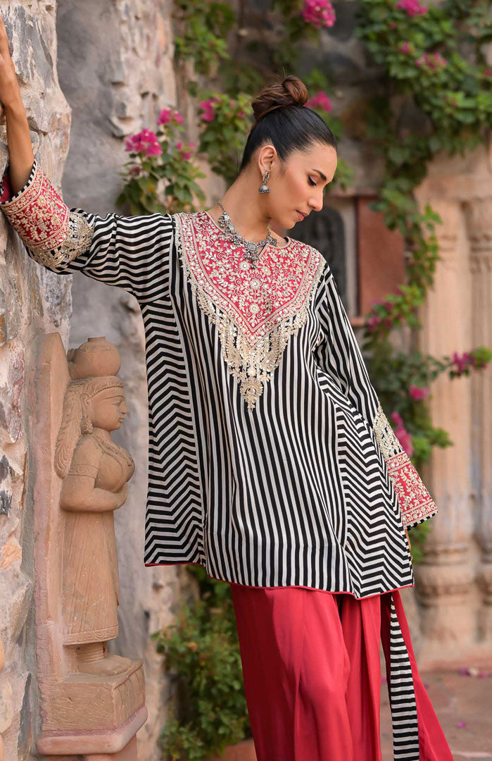 Laal Gulaboo | Striped Embroidered Suit Set By Ankhira