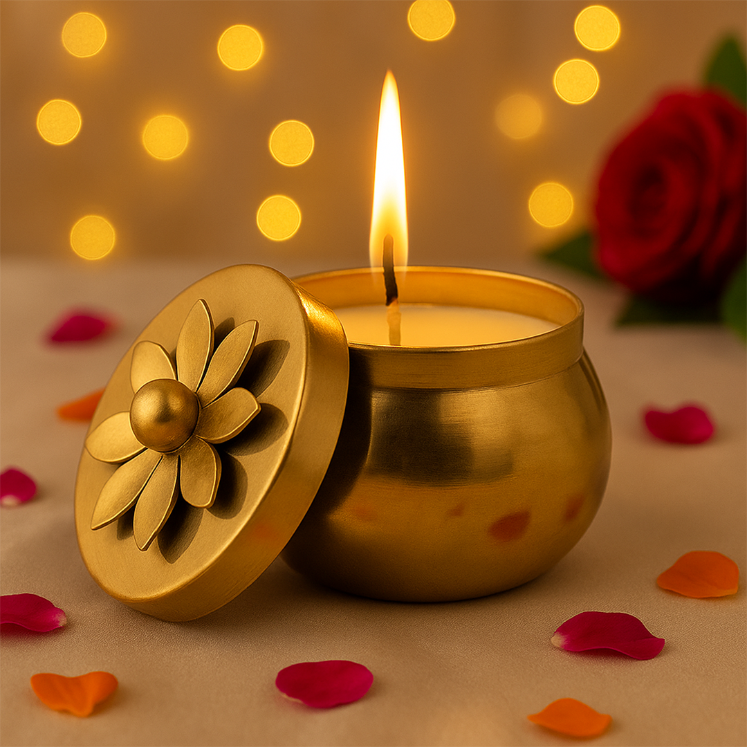 Gold candle holder with a lit candle on a beige surface with flower petals and blurred lights in the background