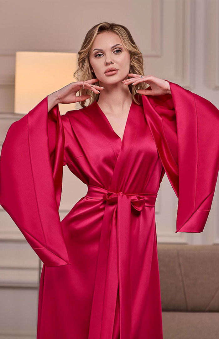 The Crimson Royale | Coral Satin Kimono Robe for Women