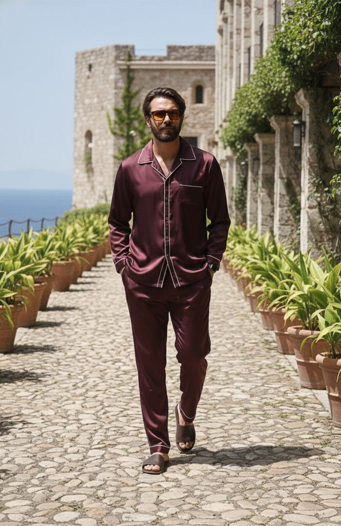 The Vino Valenti | Wine Red with Gold Detailing | Satin Loungewear Set